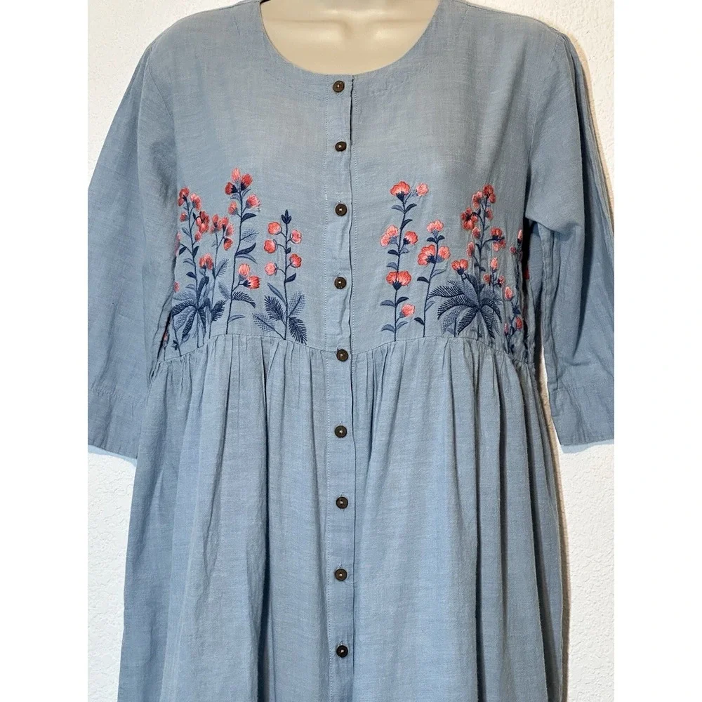 Womens M Midi Dress Blue Embroidered 100 %Cotton Boho Cottagecore Prairie Modest - Picture 4 of 9